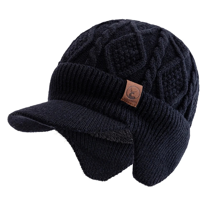 Unisex winter beanie hat with plush fur lining, warm earflaps, and thick knitted design for outdoor skiing