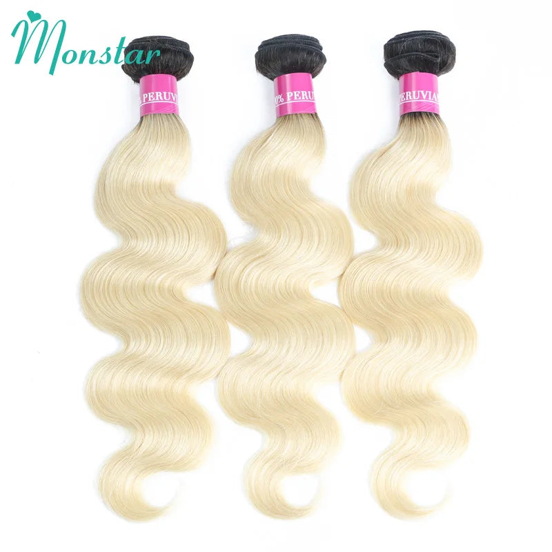 Monstar 1B 613 Blonde Ombre Bundles Brazilian Weave with 4x4 Closure 2/3/4 Bundles 8 - 32 Inch Remy Body Wave Hair with Closure
