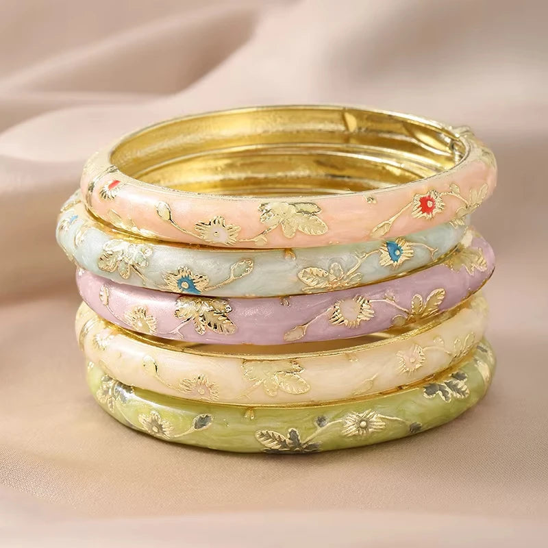 Jardme 5Pcs Enamel Dropped Glaze Flower Bracelet For Women Classic Vintage Cloisonne Open Bangles Elegant Bohemian Jewelry Gifts