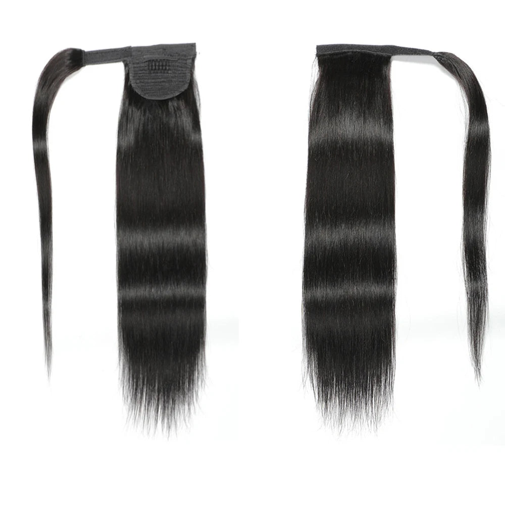 Straight Remy human hair ponytail extension in natural black with clip-in attachment