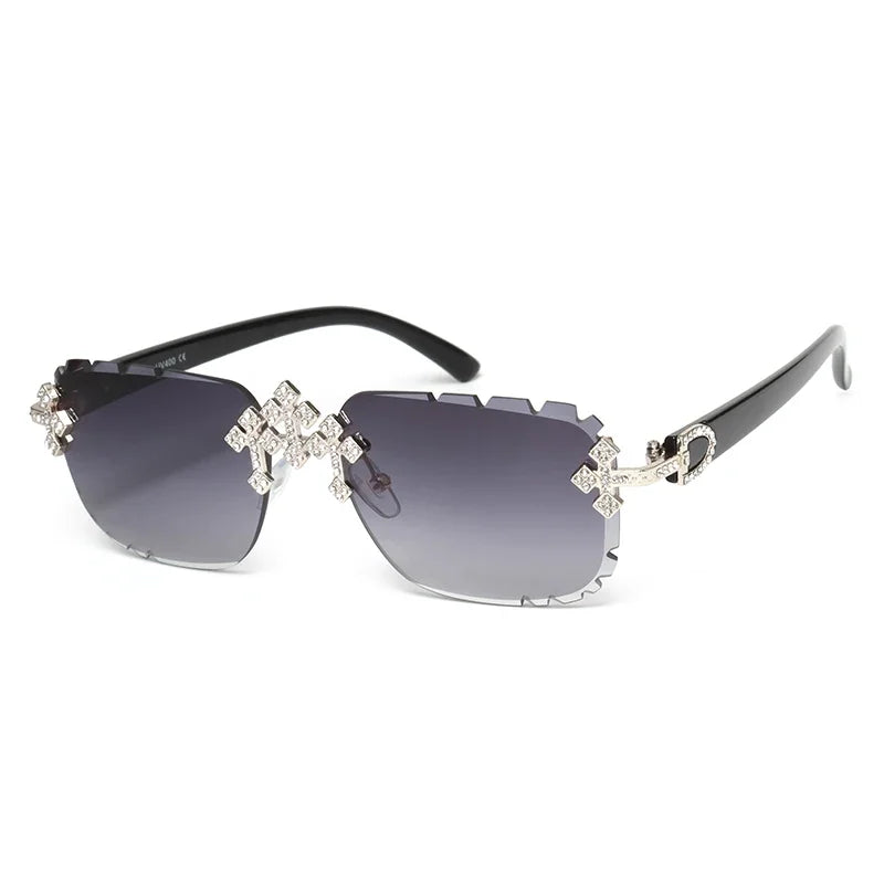 Elegant 2026 rimless square sunglasses for women with cross rhinestone accents, UV400 protection, and fashion-cut lenses.
