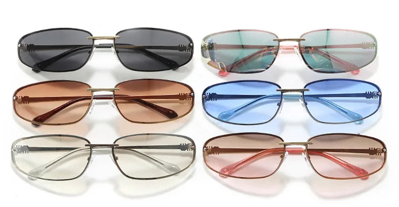 Oval frameless Y2K luxury sunglasses by HSF Marketplace, high-end punk outdoor sunglasses for women with retro style.