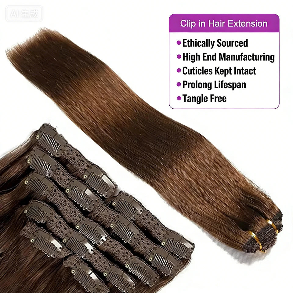 #4/27 clip-in Brazilian human hair extensions, straight natural color, 16–26 inches, HSF Marketplace