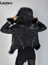 Lautaro women's black faux sheepskin coat, thick warm soft shaggy texture and fluffy luxury designer style