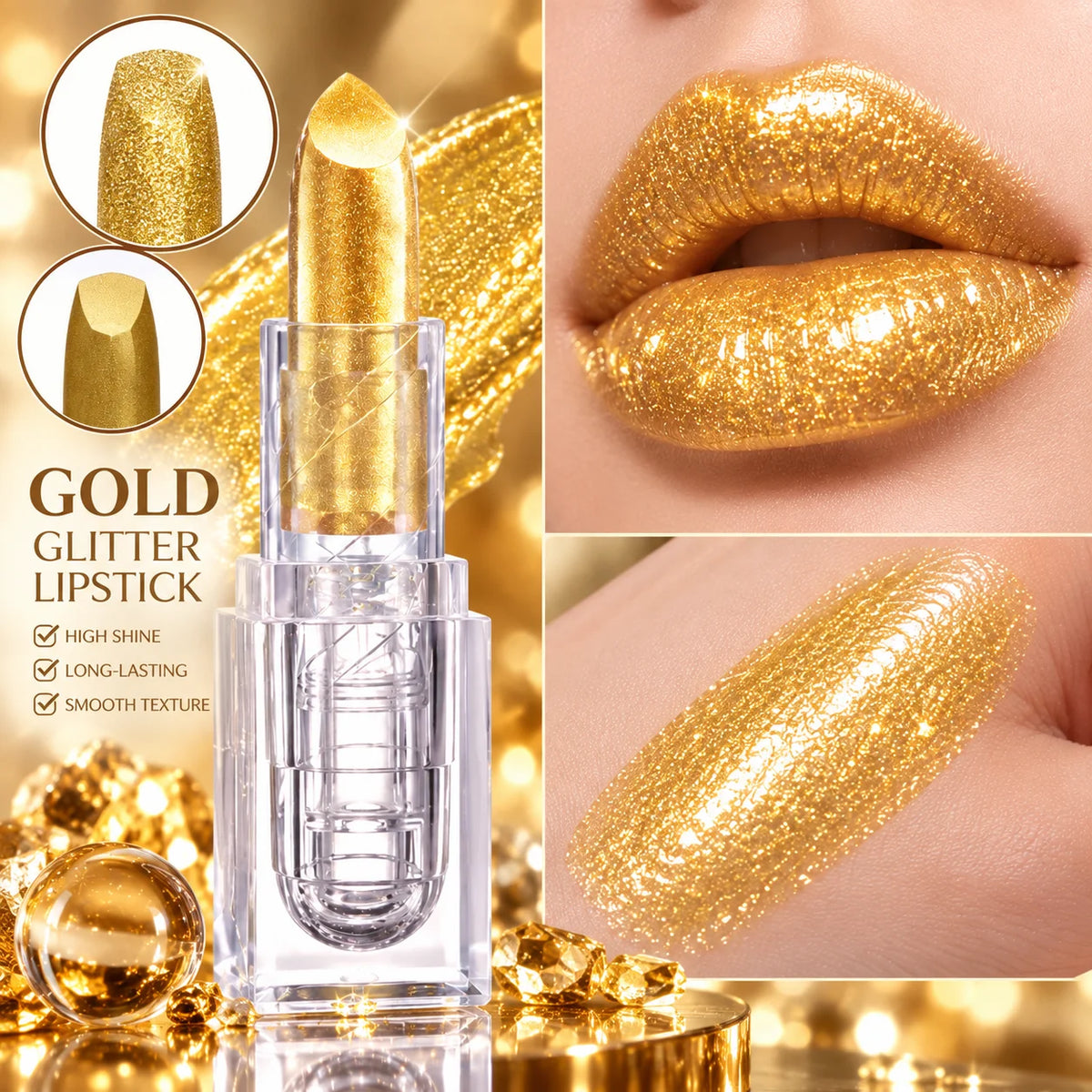 Gold metallic glitter lipstick in a transparent square tube, sparkling shiny lips makeup for Halloween and cosplay parties.