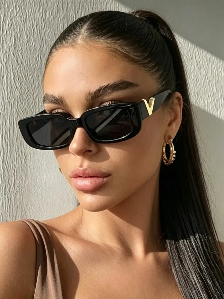 Black rectangular vintage sunglasses for women by HSF Marketplace, small frame designer sun glasses with classic style.