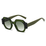Hexagon-shaped designer sunglasses for women with colorful patchwork design, retro style, casual travel eyewear from HSF Marketplace