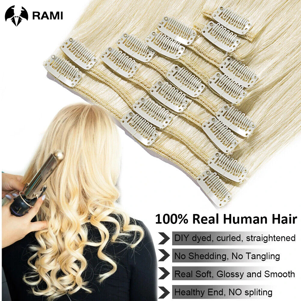 7-piece clip-in 100% human hair extensions, natural straight Remy hair weft in 12–26 inch lengths