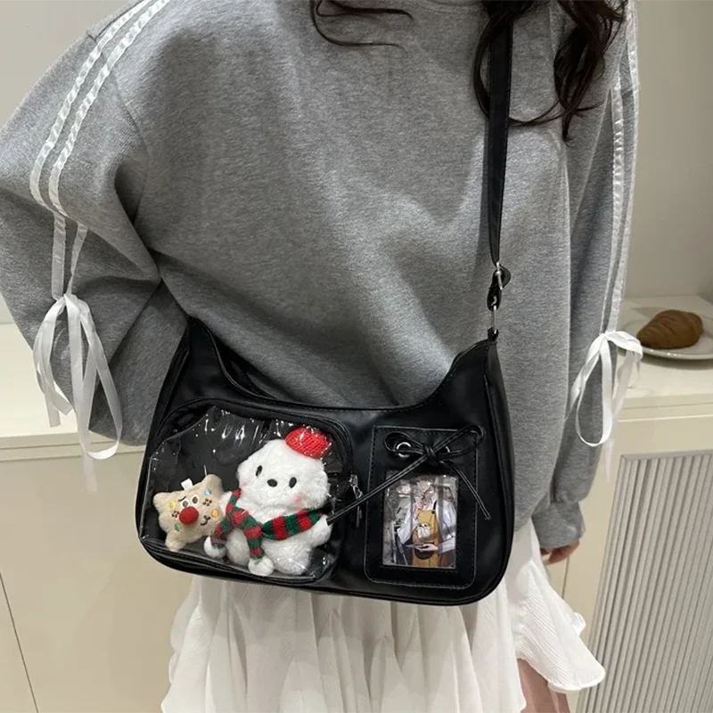 Y2k Harajuku transparent shoulder bag for women, Korean-inspired crossbody handbag with a preppy style and Japanese design details.