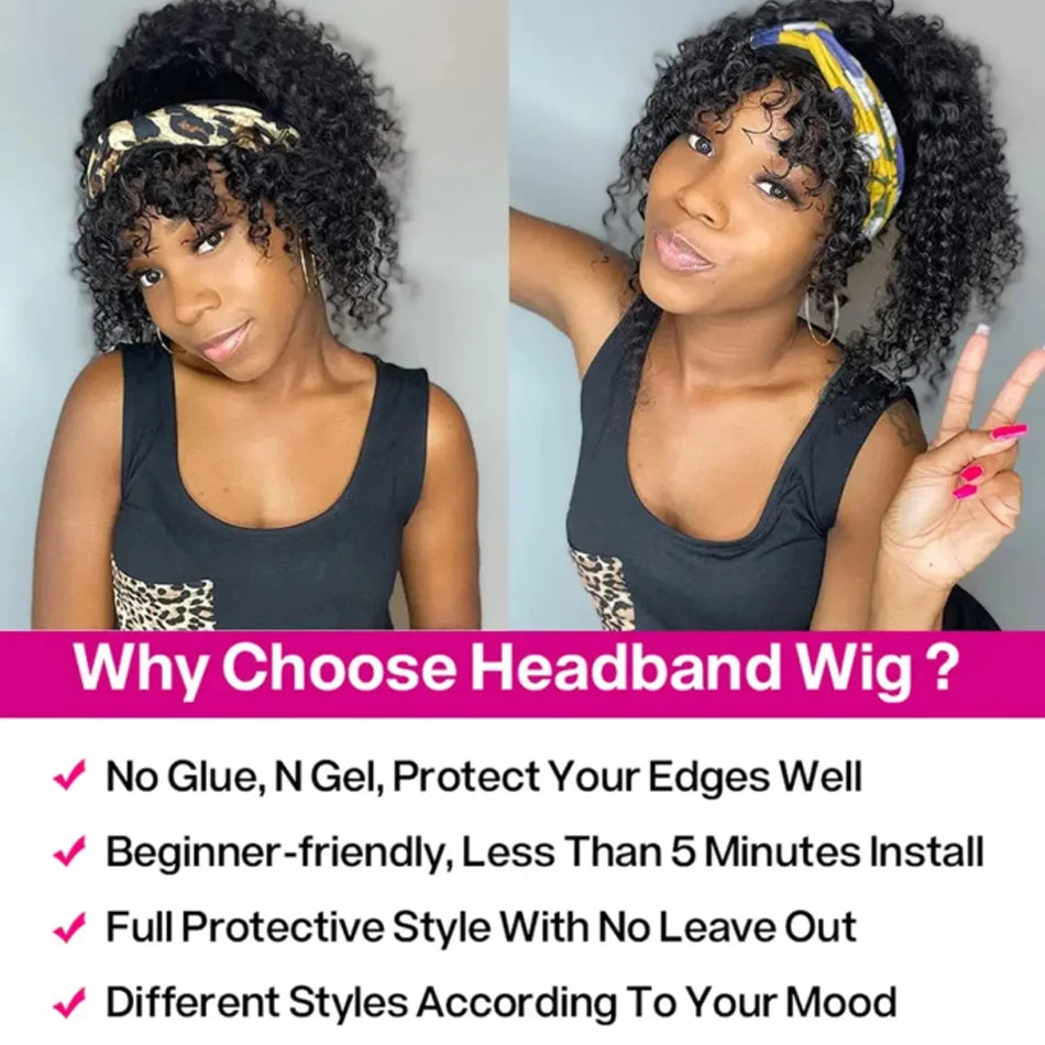 Brazilian kinky curly glueless human hair headband wig, short bob, full machine-made style for women