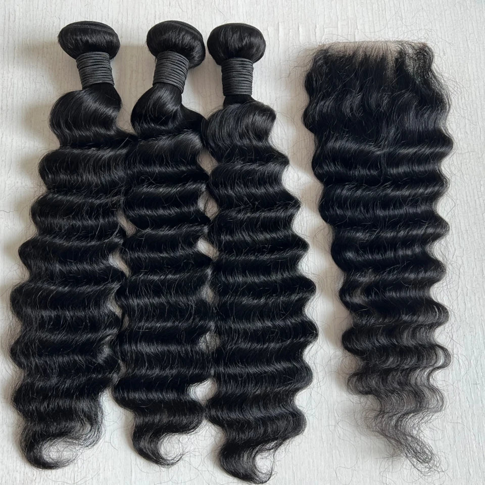 Loose Deep Wave Human Hair Bundles With Closure 4x4 13x4 HD Transparent Lace Frontal And 3/4 Bundles Unprocessed Raw Double Weft Virgin Human Hair Extensions Weaves Brazilian Remy Hair Bundles Deals For Women Daily Use Birthd