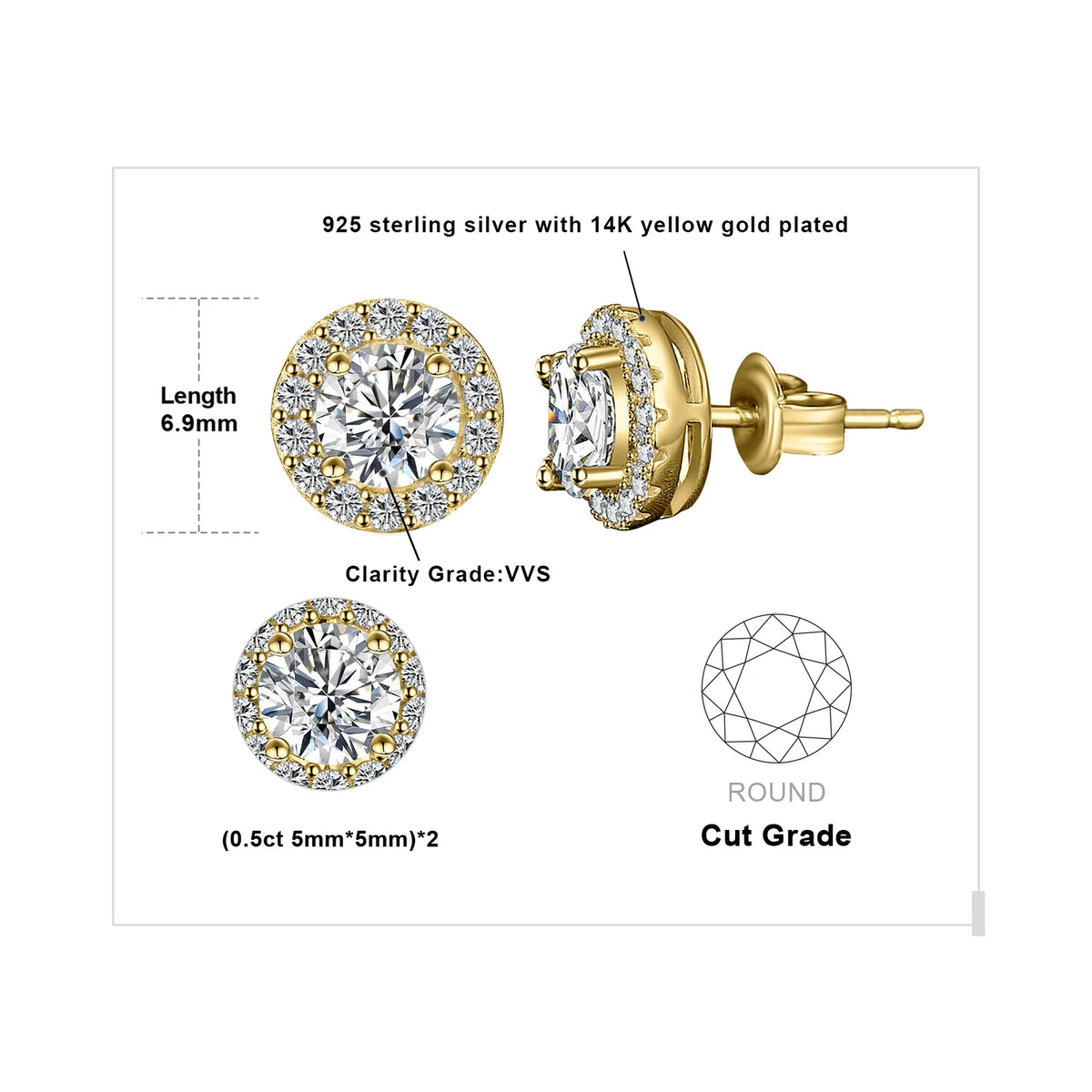 Moissanite halo stud earrings in 925 sterling silver for women by HSF Marketplace