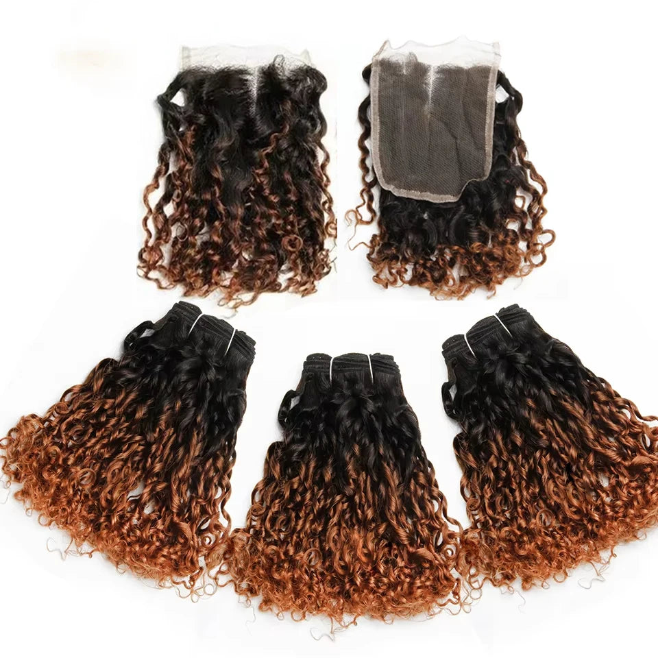 Ombre Brown T1b/30 Mongolian Pixie Curls Hair Weave Bundles with Closure Human Hair Bundles And Closure Frontal with Bundles