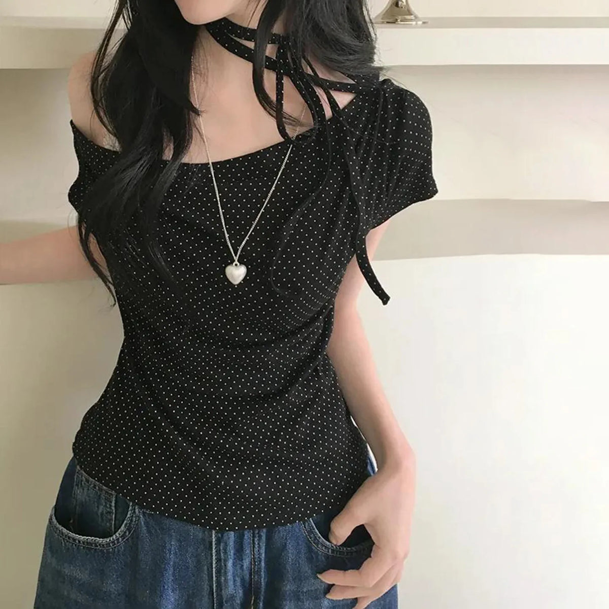Women's polka dot one-shoulder summer T-shirt by HSF Marketplace
