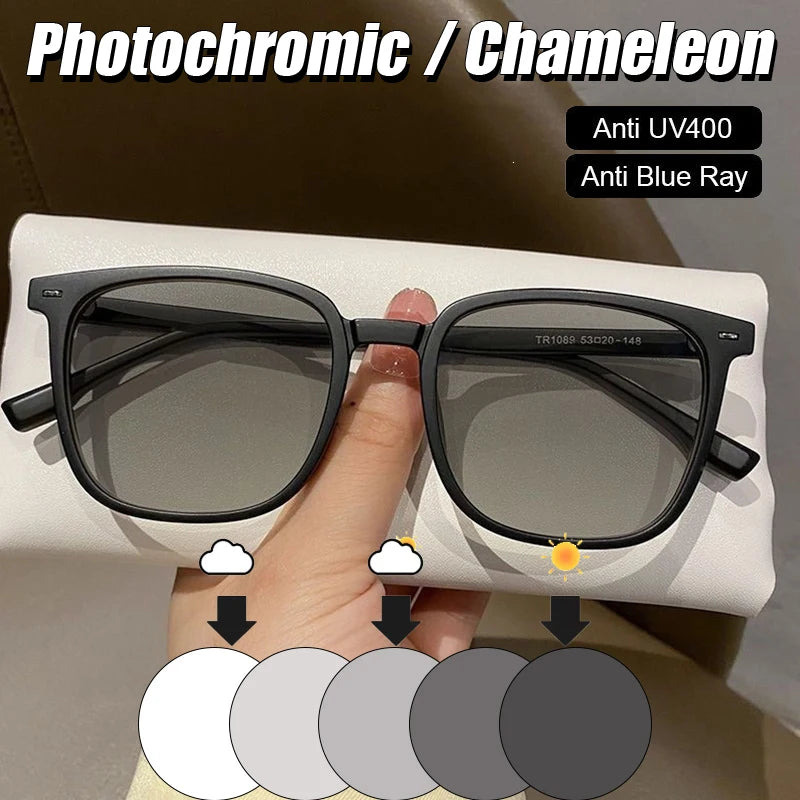 HSF Marketplace 2026 ultra light square frame photochromic sunglasses with anti-radiation lenses for women and men.