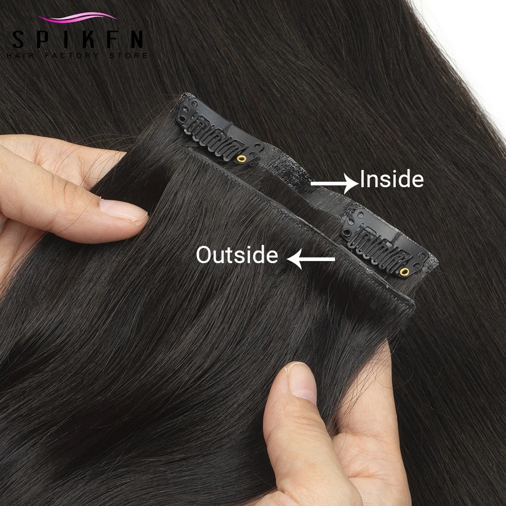 Chocolate brown straight human hair clip-in extensions, 7-piece invisible PU clip set, 100-120g Remy hair