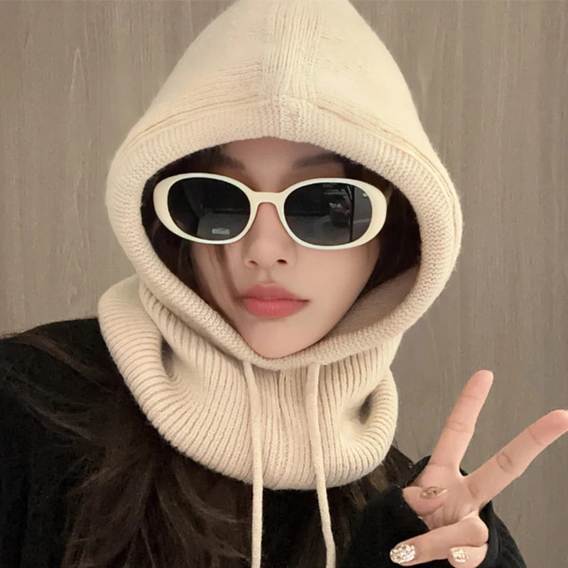 Women's knitted hooded balaclava hat with drawstring, one-piece neck collar, and warm Korean-style design