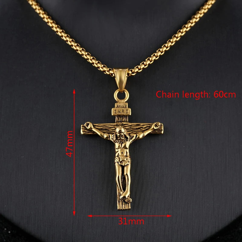 Stainless steel Jesus cross necklace for men, shown in gold and silver options by HSF Marketplace