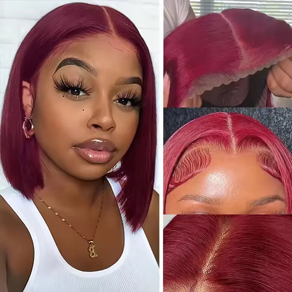 Burgundy 4C human hair bob wig with 13x6 lace frontal, straight style, middle part, short 99J red wig by HSF Marketplace