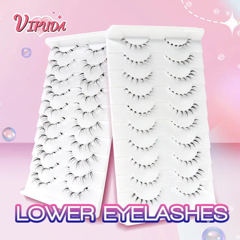 10 pairs HSF Marketplace false eyelashes with clear band, wispy manga style, small flame design for dramatic lower eye lash looks.