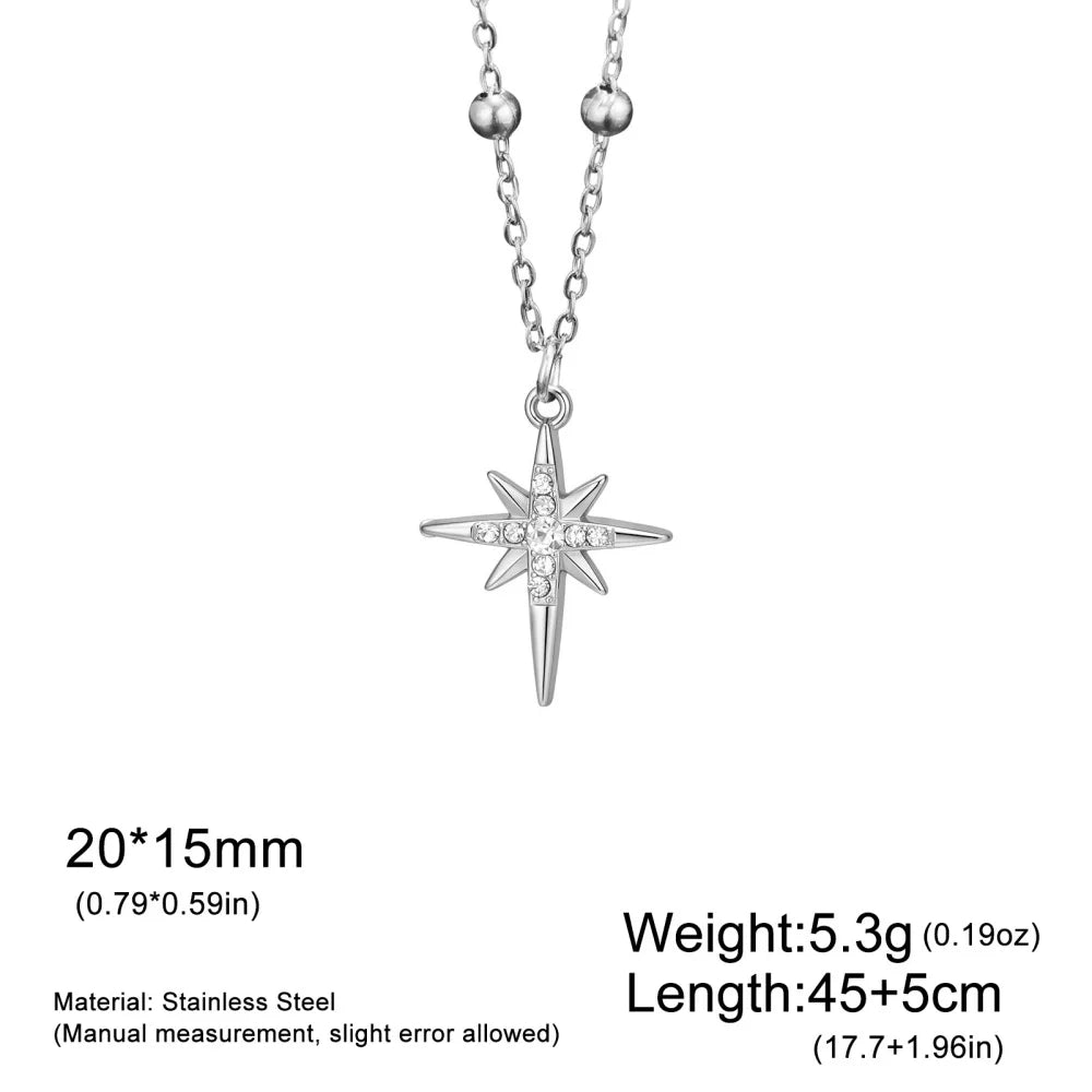 Gold stainless steel North Star pendant necklace with zircon, eight-pointed star design, waterproof jewelry for women.
