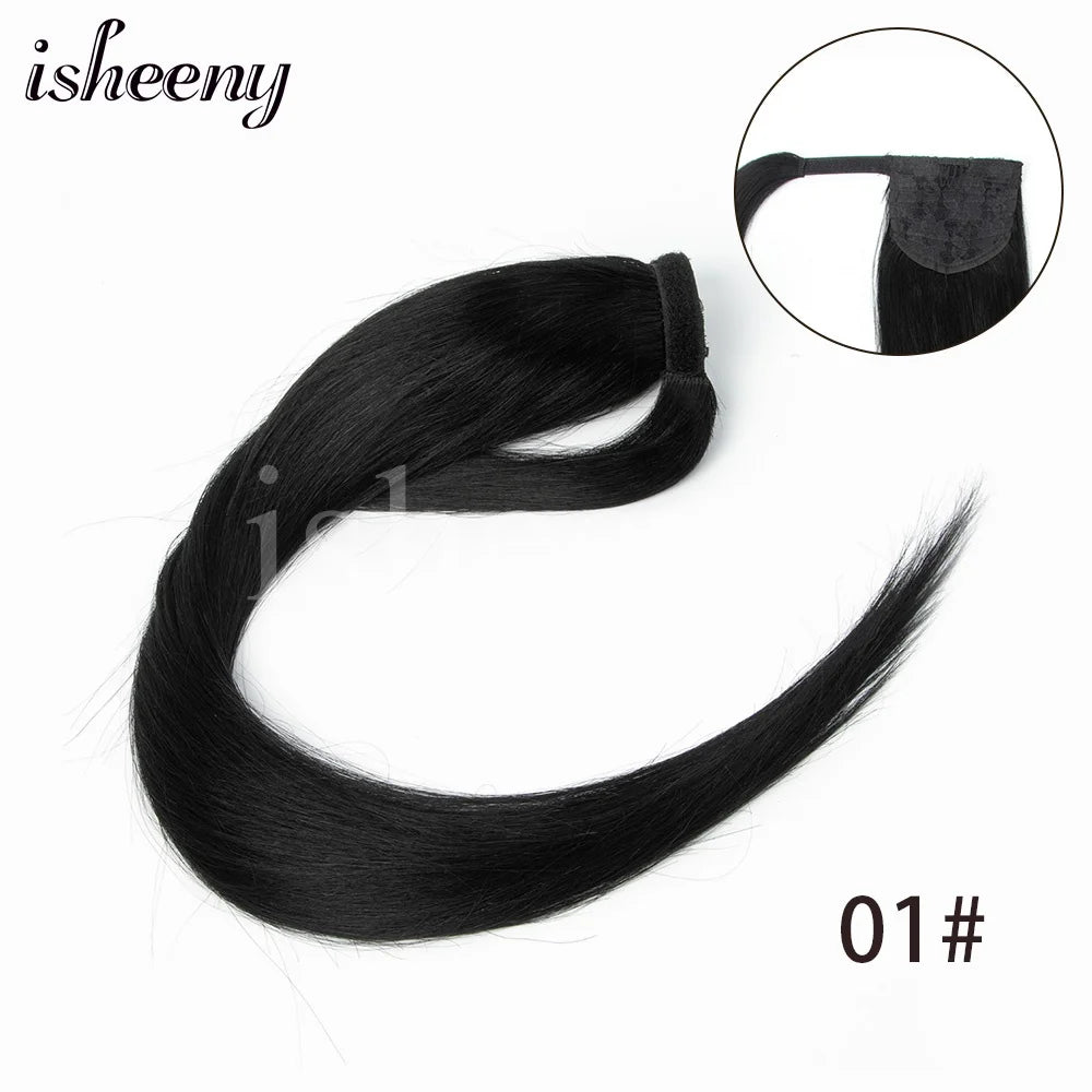 Isheeny straight human hair ponytail extension, 14–24 inches, natural Brazilian Remy wrap clip-in style