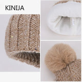 Women's wool knit neck scarf, gloves, and cap set in winter-ready design