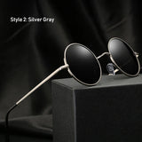Retro vintage round polarized sunglasses for men and women with black lenses, alloy metal frame, UV400 protection, designer style.