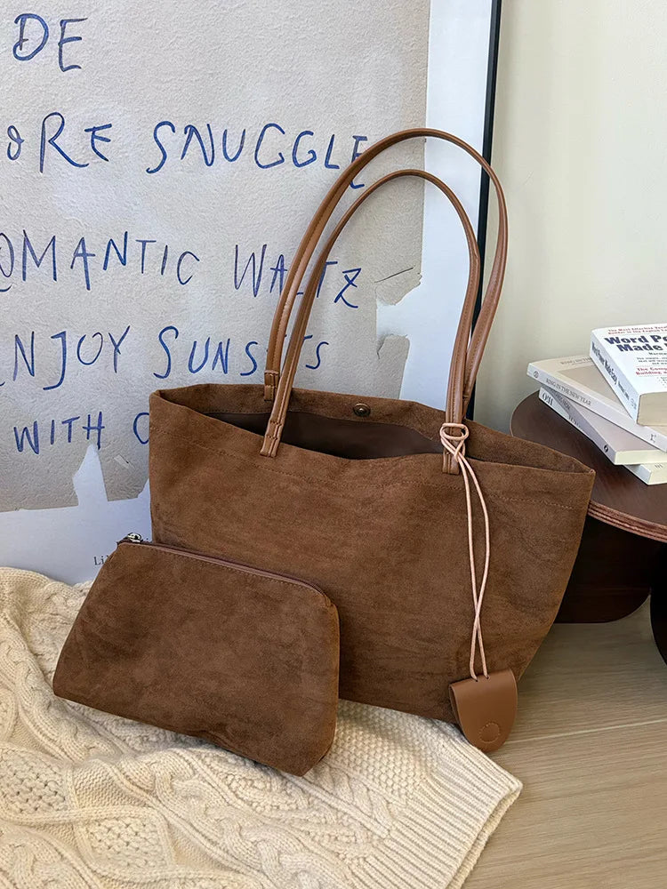 Large capacity faux suede handbags for women, stylish tote purse in a spacious design
