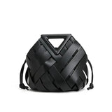 Trendy vegan leather woven tote bag for women, featuring top handles and crossbody strap, stylish handbag by HSF Marketplace.