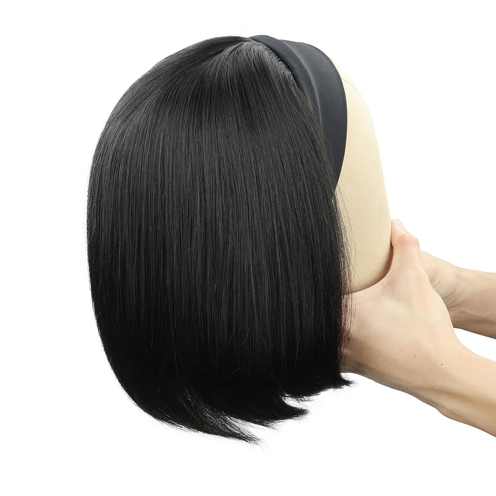 Short straight human hair bob half headband wig for women, 220% density, no-glue beginner-friendly style