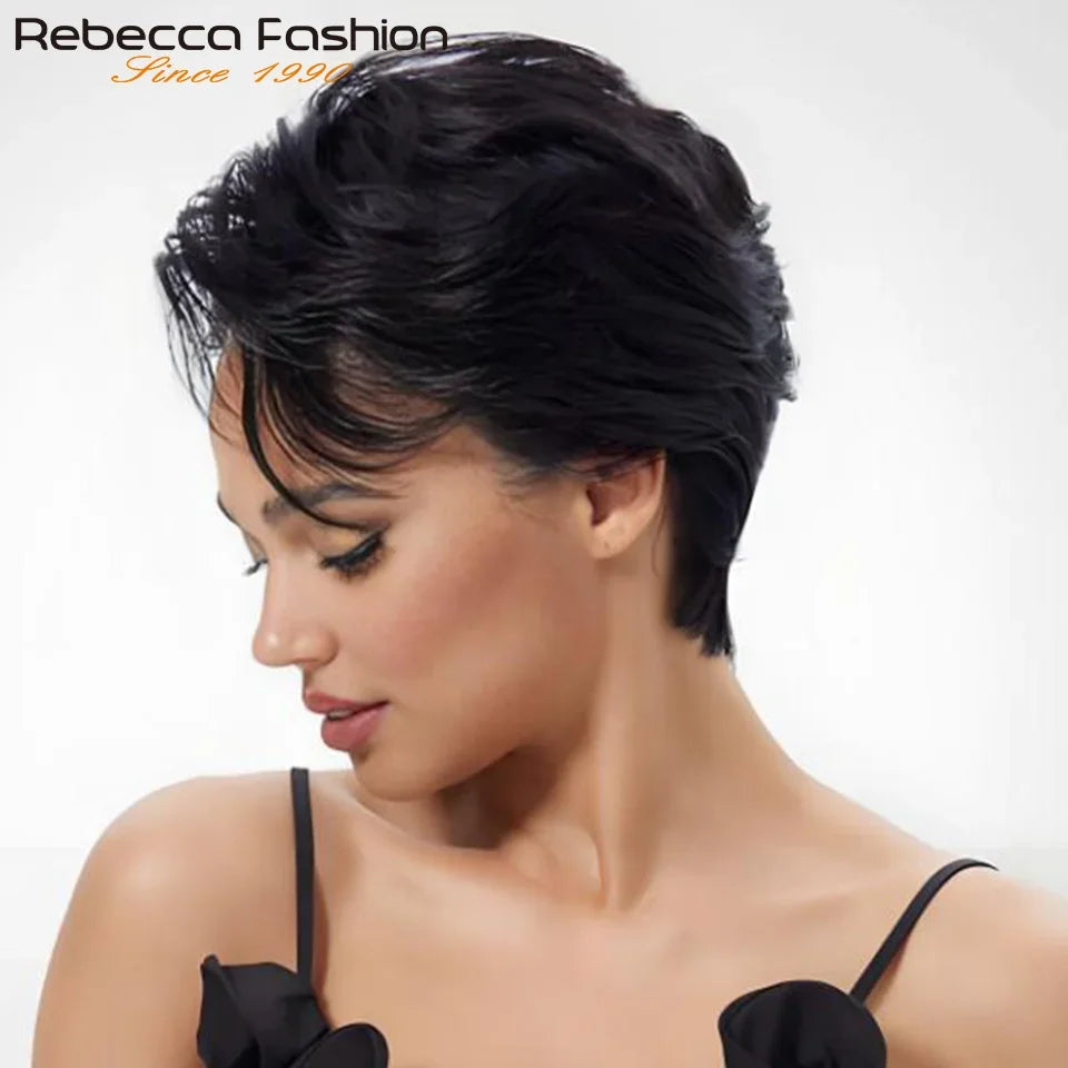 Straight Rebecca short bob pixie wig with transparent lace front, human Brazilian hair, preplucked for a natural look, for women.