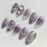 HSF Marketplace pink almond press-on false nails with bowknots, love hearts, and pearl design, 24-piece set
