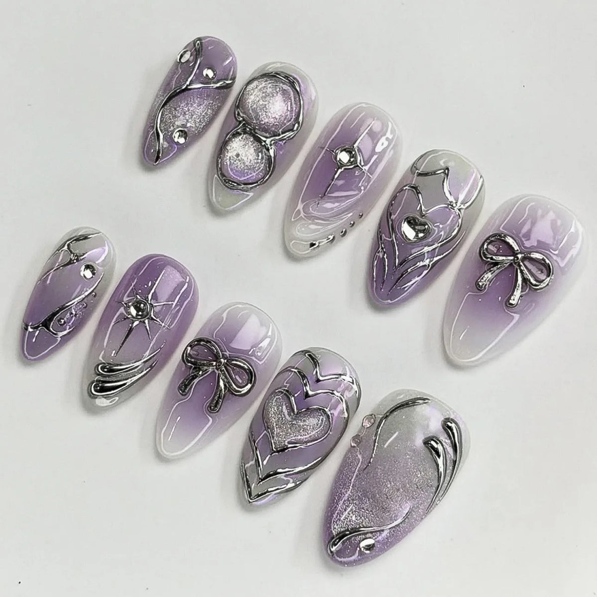 HSF Marketplace pink almond press-on false nails with bowknots, love hearts, and pearl design, 24-piece set