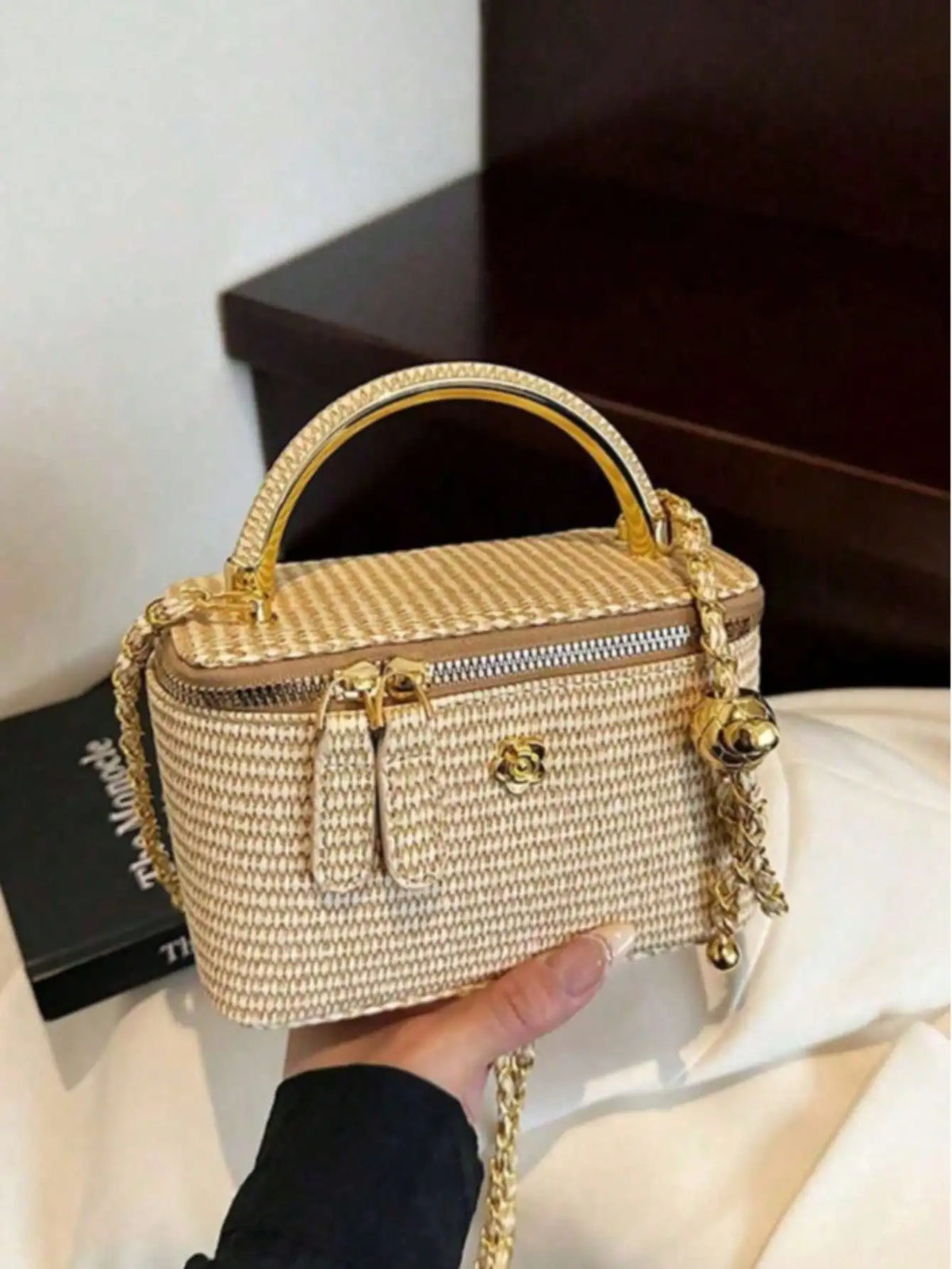 Minimalist woven straw lunch box bag with chain strap, HSF Marketplace handbag in a structured rectangular design