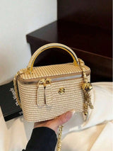Minimalist woven straw lunch box bag with chain strap, HSF Marketplace handbag in a structured rectangular design