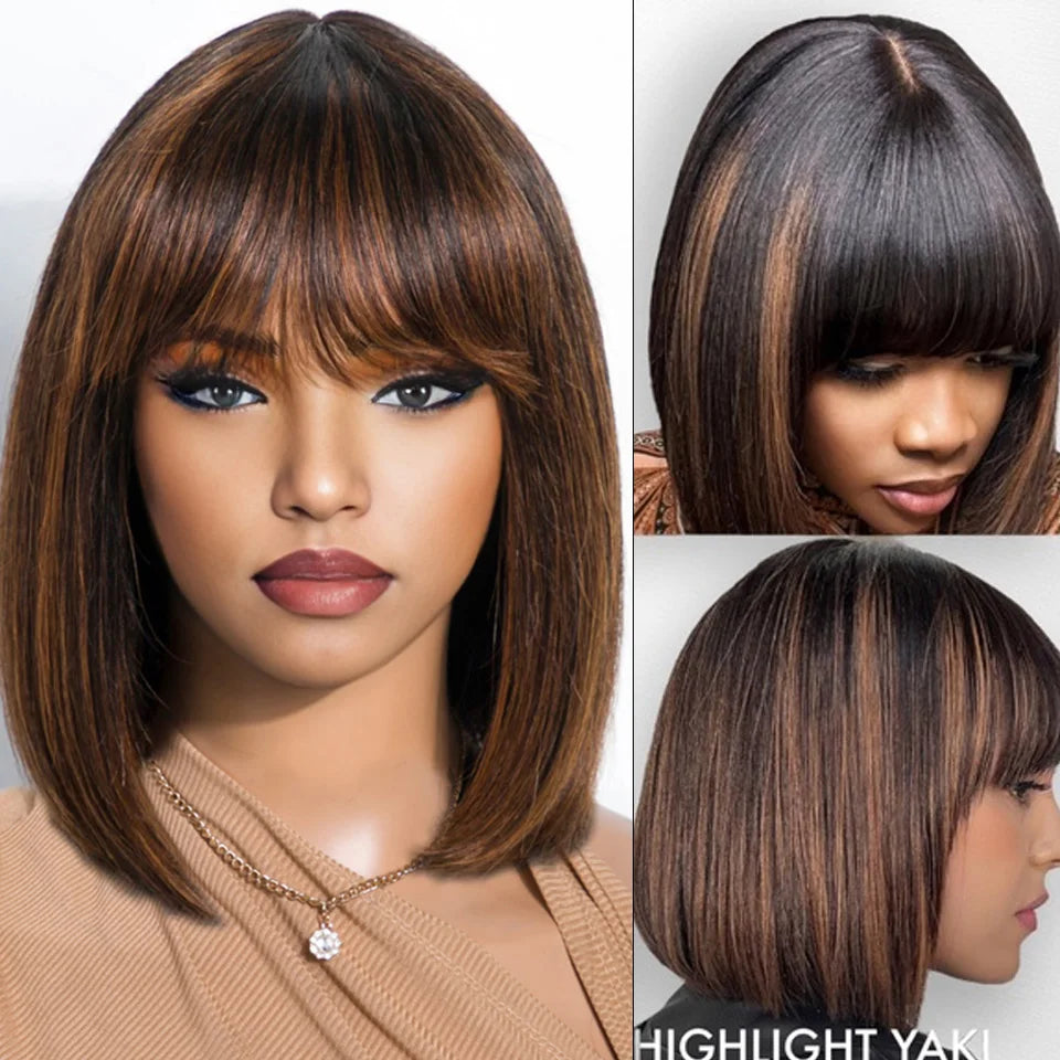 Rebecca human hair wig for women with straight bob style, ombre blonde and brown, lace part, Brazilian real hair, HSF Marketplace