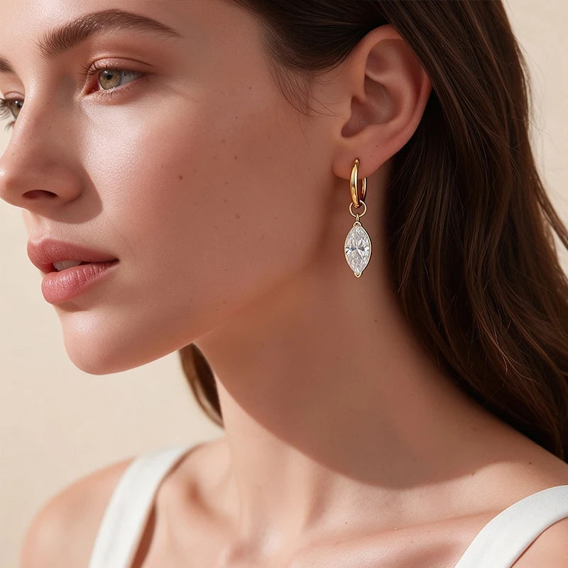NeeTim D color marquise cut moissanite drop dangle earrings in 925 sterling silver hoops, wedding jewelry