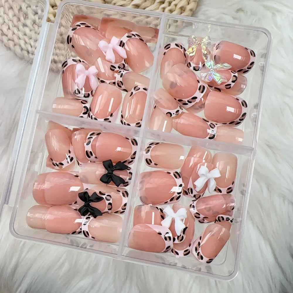 24-piece nude leopard French bowknot short round-square press-on false nails by HSF Marketplace