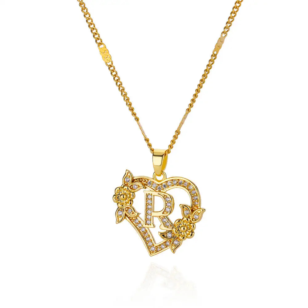 Gold stainless steel heart initial letter necklace for women featuring A-Z alphabet pendant, perfect birthday jewelry gift.