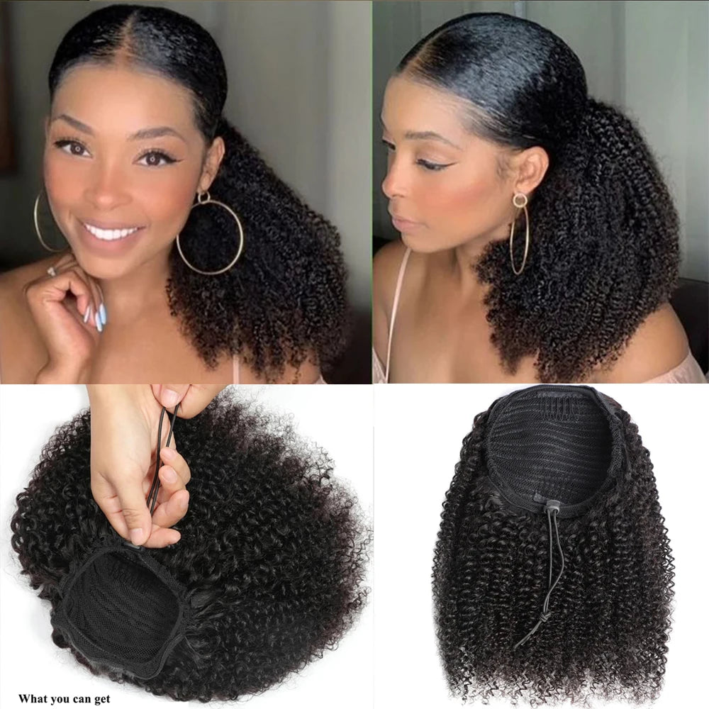 Afro kinky curly drawstring ponytail human hair extensions, Remy Mongolian hair piece, 12-24 inch clip-in ponytail