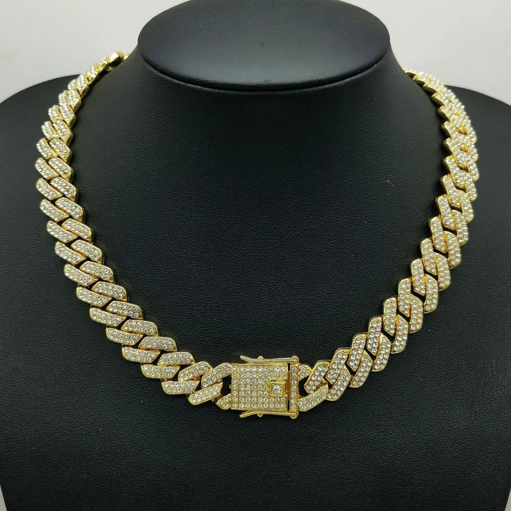 Men's Cuban link necklace with rhinestones, 14mm width, iced out rapper style jewelry with CZ stones, suitable for hip hop fashion.