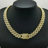 Men's Cuban link necklace with rhinestones, 14mm width, iced out rapper style jewelry with CZ stones, suitable for hip hop fashion.