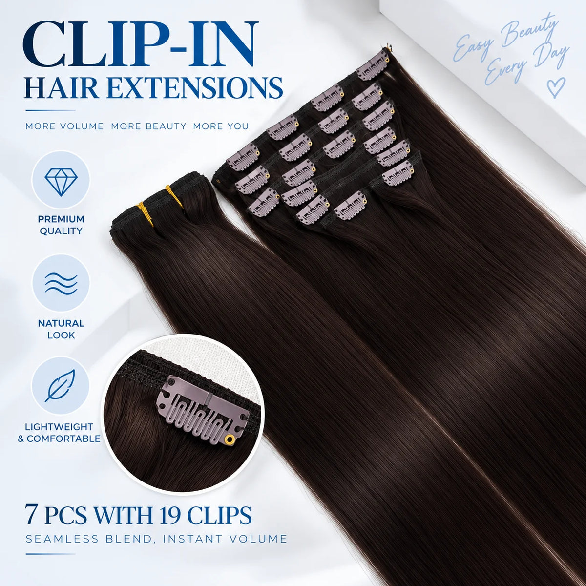 Dark chocolate brown HSF Marketplace clip-in hair extensions, 100% human Remy hair, straight style with fuller ends