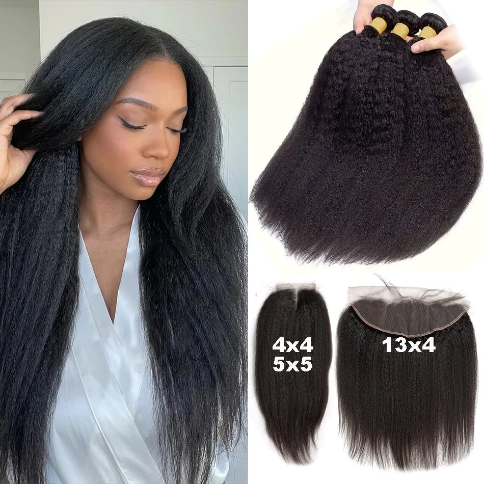 4x4 5x5 13x4 Closure With Bundles Peruvian Kinky Straight Human Hair Bundles With Frontal Invisible Melt Skin HD Lace 3 4 Bundle