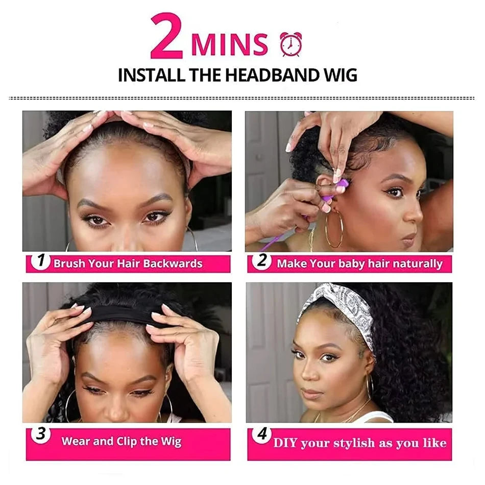 Brazilian kinky curly headband wig, short bob water wave human hair wig for women by HSF Marketplace