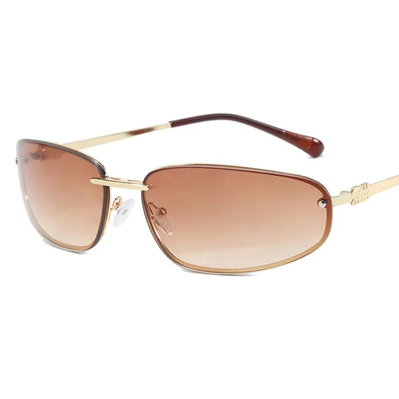 Oval frameless Y2K punk sunglasses with luxury retro styling for women, outdoor fashion eyewear