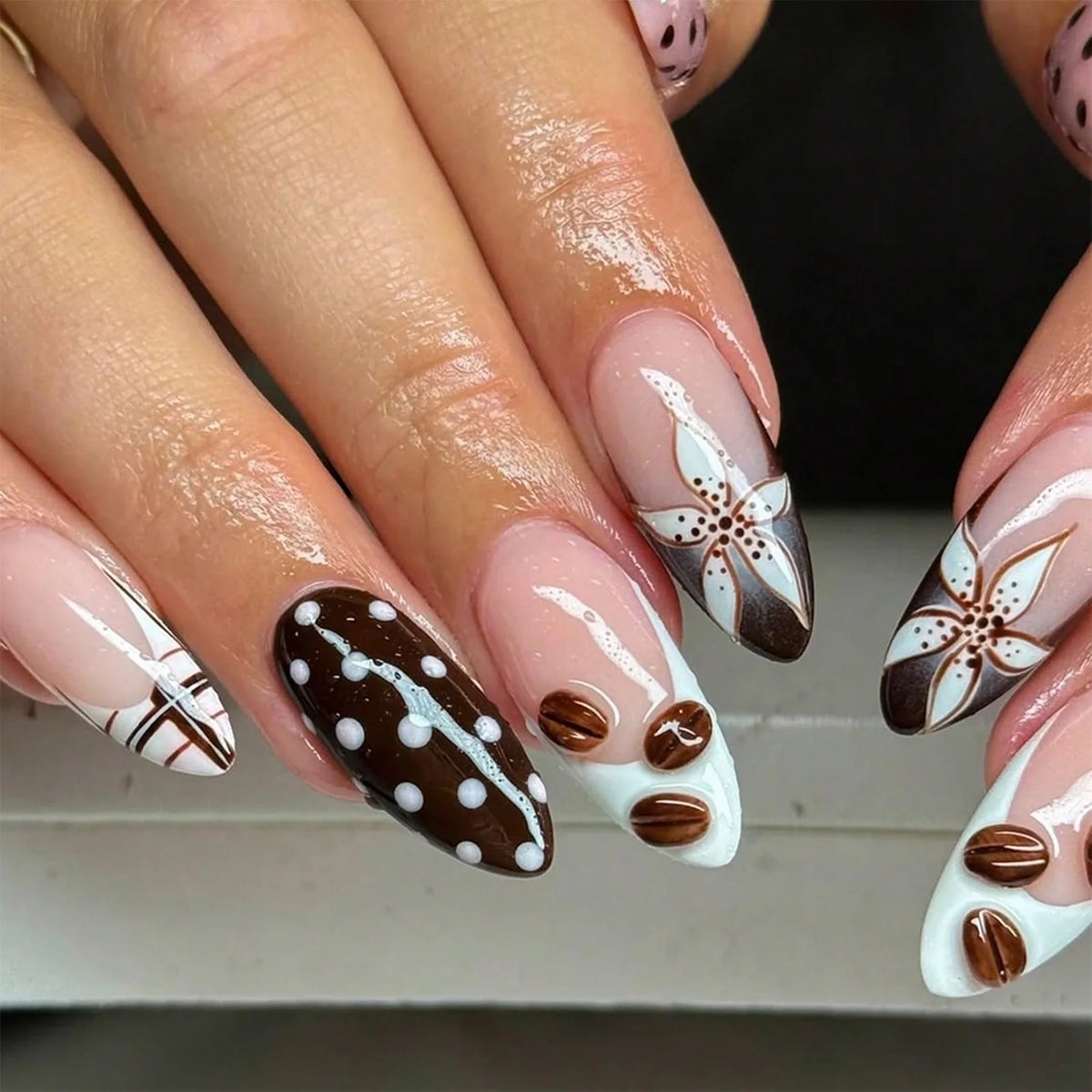 24-piece almond shape false nails with brown stripes and pink flowers, wearable full-cover acrylic nail tips by HSF Marketplace