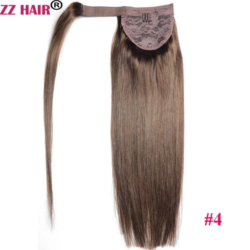 ZZHAIR 100% human hair straight wrap-around ponytail extension, machine-made Remy clip-in, 16–28 inch, 60–120g
