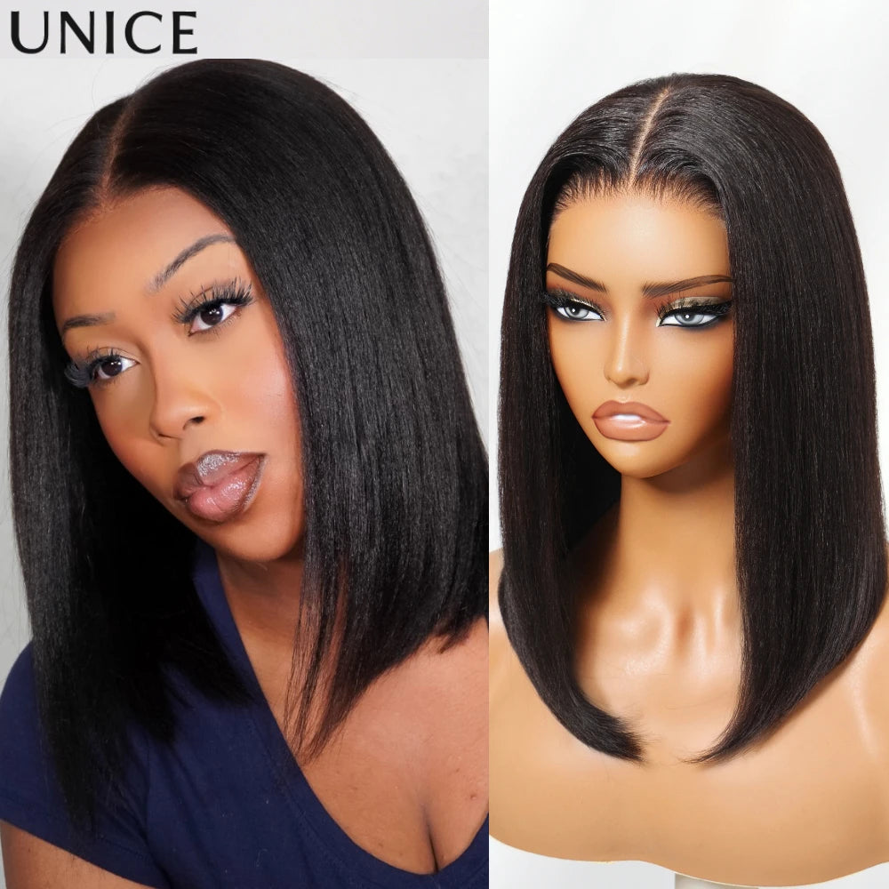 UNice No-Slip 7x5 & 13x4 Lace Yaki Straight Bob Wig With Drawstring Pre Cut Pre Bleached Glueless Wig Human Hair Ready To Wear
